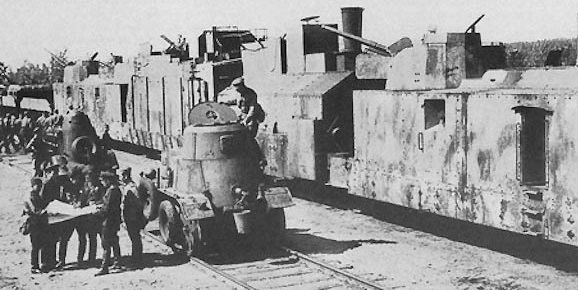 Soviet armoured train number 695 of BP-35 type, supported by armoured railcars.jpg