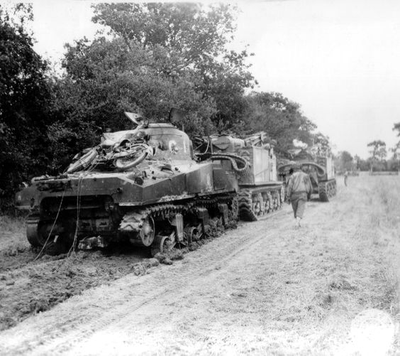 US Tank recovery vehicle ARV M31 M4 Sherman Saint-Fromon (Normandy, France). Sherman was disabled July 11 in a firefight German tank battalion. 17-7-1944.jpg