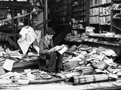 London bookshop after German bombing, 1940..jpg