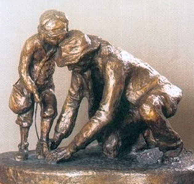 Père aidant son fils a enlever ses chaussures avant d'entrer dans la chambre à gaz de Treblinka.jpg